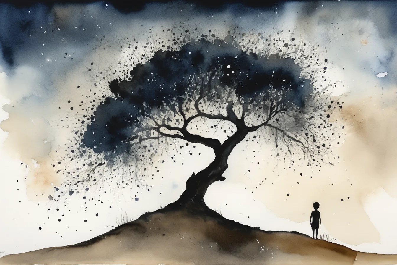 Acquerello: un ulivo contorto su una collina sotto un cielo notturno indaco, un bambino in silhouette guarda le stelle.