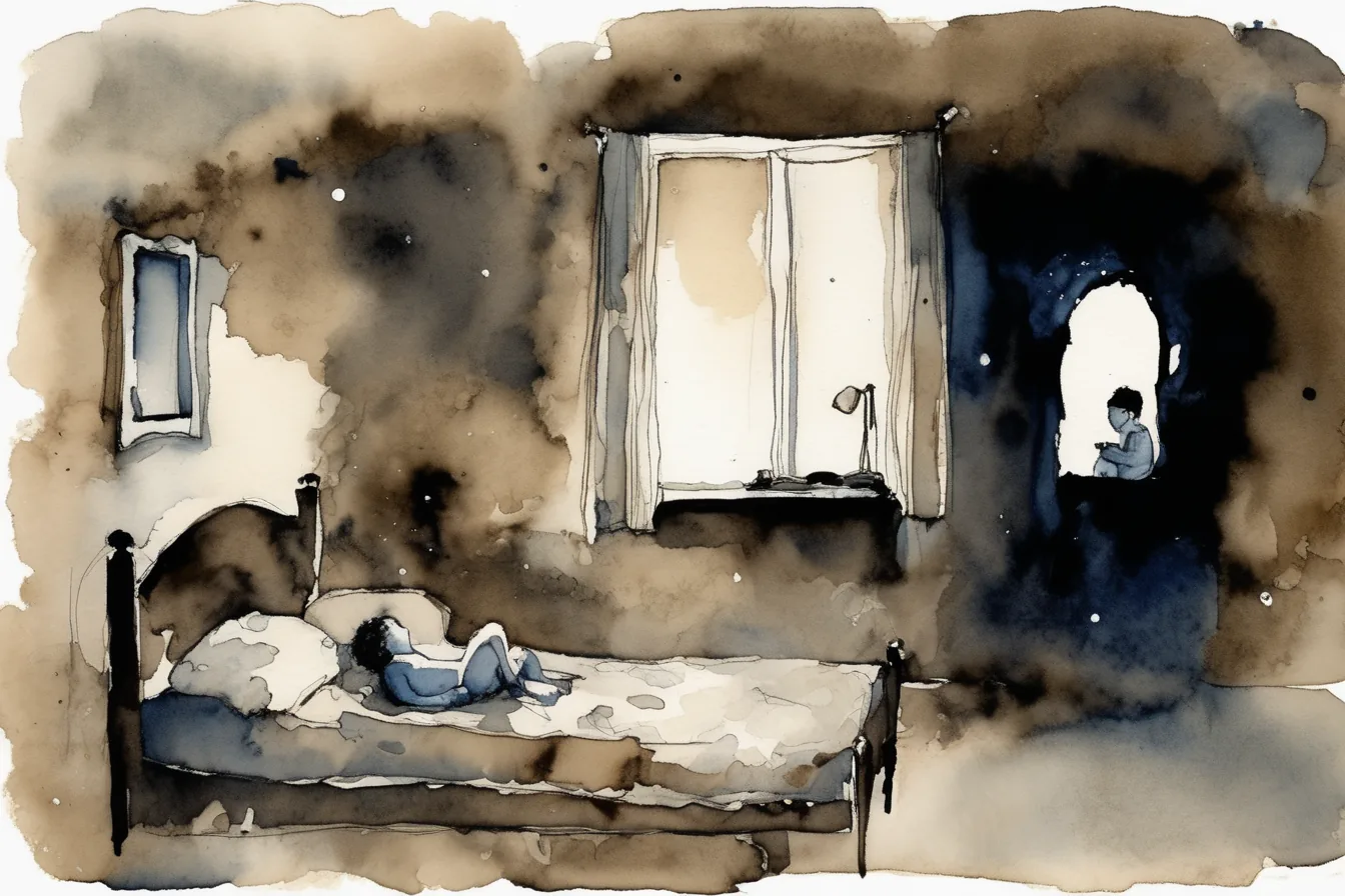 Acquerello: una cameretta di notte, un bambino nel letto, una finestra e una porta aperta sul buio.